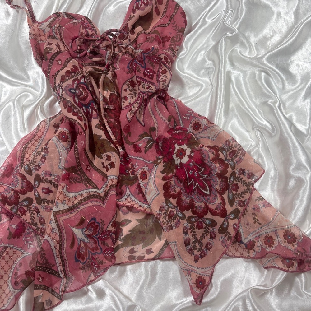 y2k Rampage Camisole Pink Excellent Paisley Handkerchief Hem Lace Up Top - Picture 2 of 6